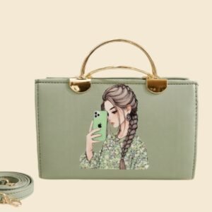 Stylish Printed Crossbody & Handbag with Metallic Gold Handles – Pastel Green
