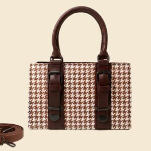 Classic Houndstooth Patterned Handbag with Buckle Accent – Brown & White