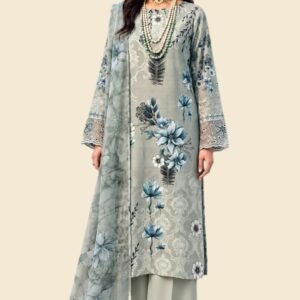 Muted Sage & Teal Floral Printed 3-Piece Unstitched Suit