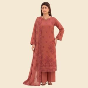 Terracotta Rust Embroidered 3-Piece Lawn Suit with Printed Dupatta.