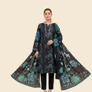 Midnight Black & Emerald Printed 3-Piece Lawn Suit with Printed Dupatta.