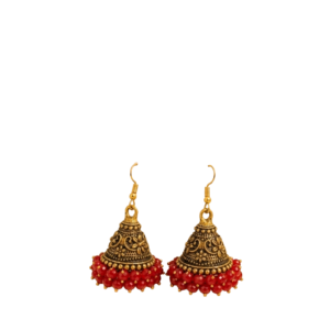 Antique Gold Floral Jhumka Earrings with Red Beads