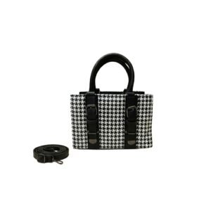 Classic Houndstooth Patterned Handbag with Buckle Accent – Black & White