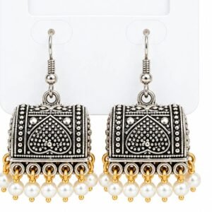 Traditional Antique Oxidized Silver Black Box Jhumka Earrings with Pearl Drops