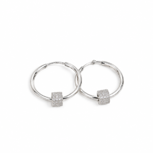 Silver Hoop Earrings with CZ Pave Cylinder Charm